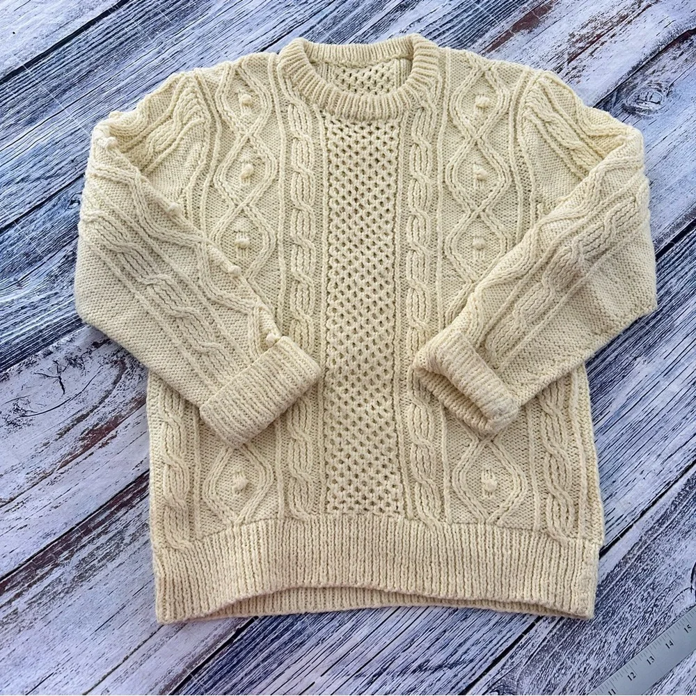 Hand Knit Cream Fisherman Cable Knit Wool Sweater